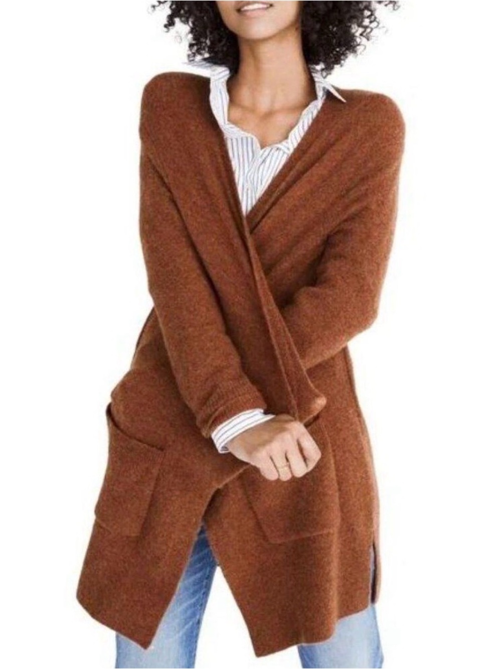 Madewell Kent Long Cardigan Knit Sweater Rust Brown Pockets Size M